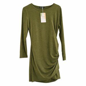 BTFBM Olive Green Ruched Bodycon Dress | Long Sleeve | Side Draped | Size S
